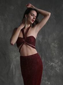 Zolique Women's Sleeveless Halter Top And Bodycon Skirt Two Piece Set - Burgundy - View 3