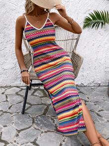 Breezaya Vestido Estilo Cami De Rayas Con Bloques De Color Y Abertura En El Muslo, Para Playa En Verano - Multicolor - Ver 6