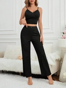 Comfortable Pajama Set With Patchwork Lace And 3d Floral Embellishments - Black - View 3