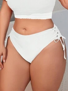 Swim Basics Summer Beach Plus Size Women's Solid Color Bikini Bottoms With Drawstring Side - White - View 3