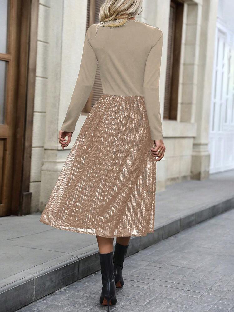 Patchwork Sequin Decor Waist-Hugging Long Sleeve Dress