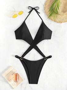 SHEIN Swim Solid Color Hollow Out Halter Neck One Piece Swimsuit Summer