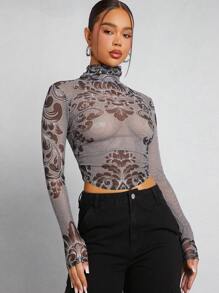 SHEIN Unity Mesh-print Mit Stehkragen Und Durchscheinendem Top