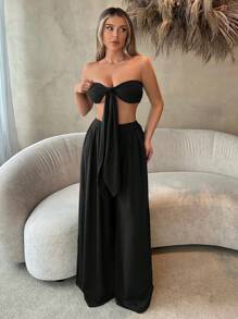 SHEIN SXY Beach;Women'S Front Knot Strapless Top And Pants Two Pieces Set  Spring Summer Women Clothes Bachelorette Party Spring Break Birthday Outfit Valentine Day Sexy Outfits - Black - View 5