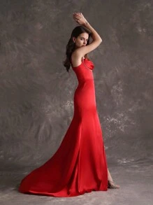 Anewsta Vestido De Tirantes Con Abertura Lateral Alta Decorado Con Brillo De Diamantes Para Mujer - Rojo - Ver 5