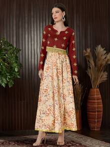 Của phụ nữ 2 cái/bộ Gold Foil In Trang chí tua cờ Tay áo dài Áo Với Thắt lưng In Hoa Váy - Nhiều màu - Xem 8