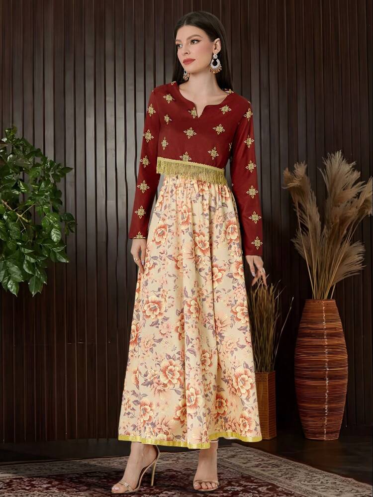 Women's 2pcs/Set Gold Foil Print Tassel Trim Long Sleeve Top With Belted Flower Print Skirt Fall Cloth For Women