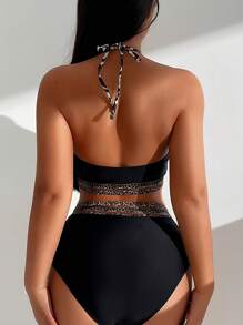 SHEIN Swim Conjunto de bikini halter con parches de estampado de leopardo de verano