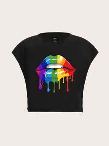 Slaydiva Casual Minimalist Lip Print Round Neck Cap Sleeve Loose Short Women T-Shirt, Suitable For Summer - Black - View 2