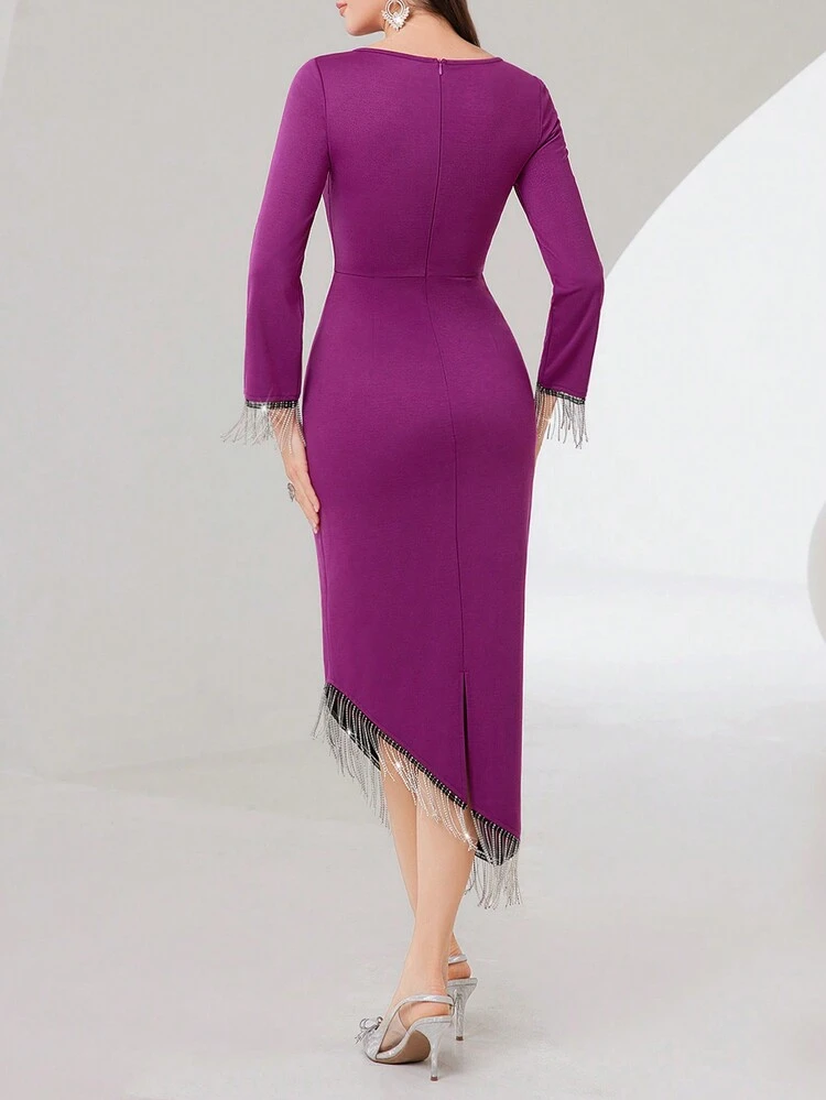 Women'S Fringe Detailing Split Sequin Dress With Chain Necklace Long Evening Dresses