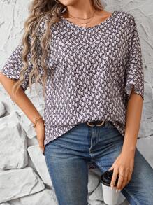 EMERY ROSE Của phụ nữ Tất cả Hình học In Vòng cổ Áo sơ mi - Màu Khaki - Xem 5