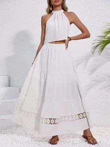 Chiquease 純色露肩背心短上衣&蕾絲拼接裙子套裝 - 白色 - 查看 3