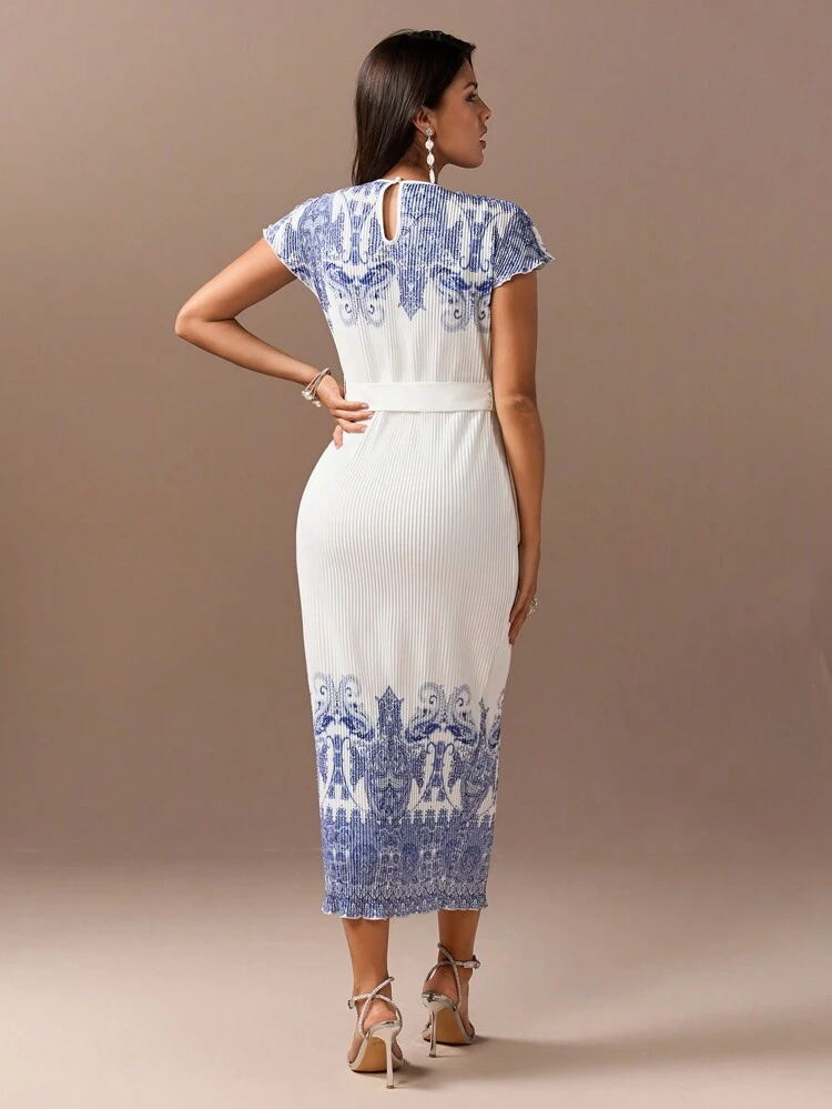 Women's Paisley Print Round Neck Slim-Fit Bodycon Dress Long Evening Dresses