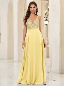 SHEIN Belle Khối màu Dây đai mỏng Đầm - Màu vàng - Xem 5