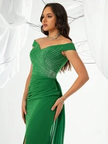 Women's Off Shoulder Rhinestone Embellished Long High-End Evening Dress With Elegant - Green - View 4
