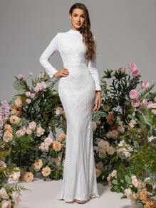 LOVE&LEMONADE Women's Stand Collar Long Sleeve Fish Scale Pattern Wedding Dress