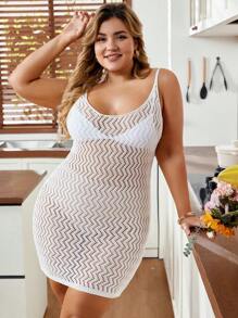 Flirla Plus Size Hollow Out Knitted Spaghetti Strap Sweater Dress - White - View 6