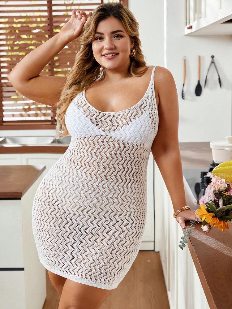 Plus Size Hollow Out Knitted Spaghetti Strap Sweater Dress