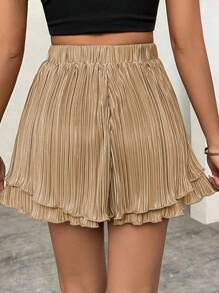 SHEIN Privé 雙層褶布寬腿短褲,女款 - 杏色 - 查看 3