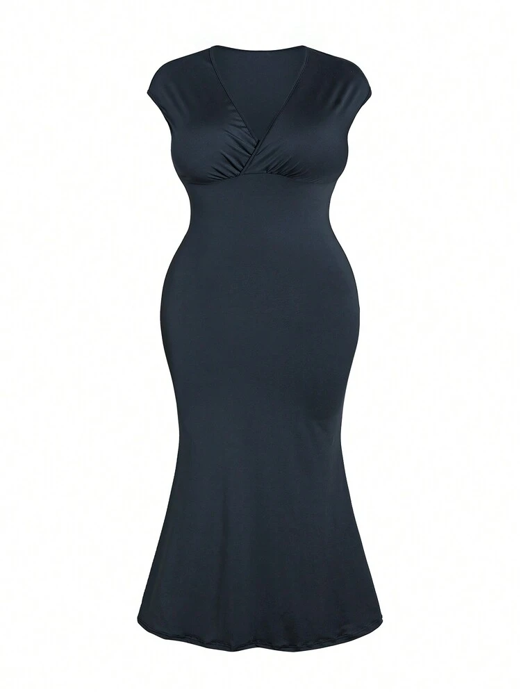 Plus Size V-Neck Waist-Cinching Mermaid Hemline Dress
