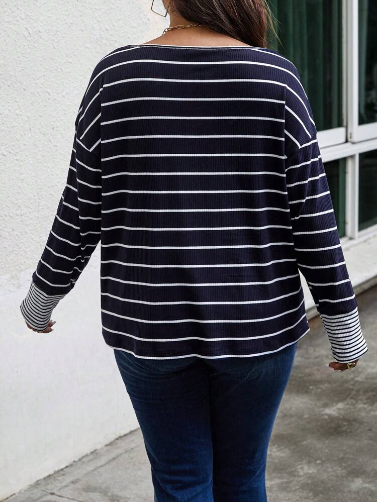 Plus Size Striped Drop Shoulder T-Shirt Graphic Tees Women Tops