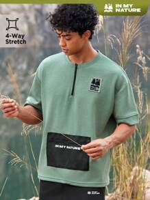 SHEIN In My Nature 男士拉鍊拼接戶外T恤，適用於遠足服裝 - 軍綠色 - 查看 1