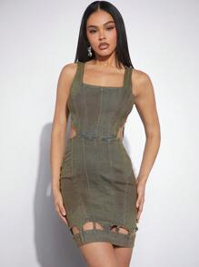 SHEIN Unity Seam Detail Cut Out Backless Bodycon Denim Dress - Medium Wash - View 5