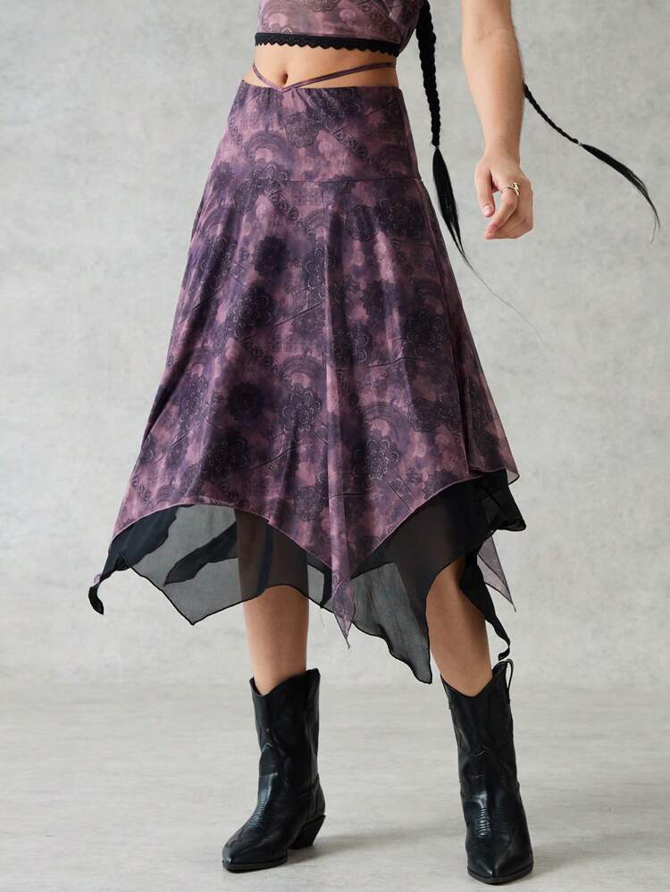 Women's Tie-Dye Flower Print Color Block Asymmetrical Hem Skirt