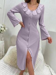 Ruffle Trimmed Button Front Sleep Dress Pajama Dress With Flared Sleeves - Purple - View 3