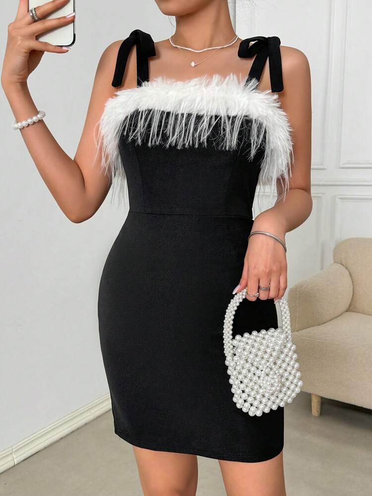 Slim Fitted Spaghetti Strap Dress With Patchwork Furry Detail On Bright Colored Fabric