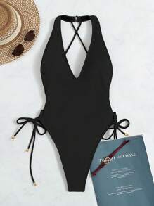 SHEIN Swim 素色側繫帶丁字褲連體泳衣 - 黑色 - 查看 5