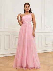 SHEIN Belle Women's Baby Pink Mesh Three-Dimensional Flower One-Shoulder High Waist A-Line High Slit Extra Long Tail Elegant Formal Prom Spring Wedding Dress - Baby Pink - View 7