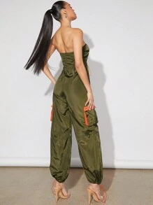 Denimoi Contrast Ruched Tube Cargo Jumpsuit - Green - View 2