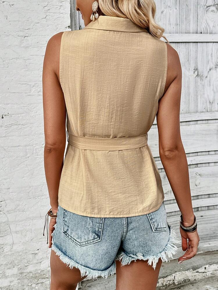 Solid Color Sleeveless Button-Front Shirt