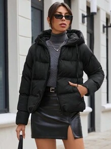 EURMUSE Drop Shoulder Drawstring Hooded Puffer Coat - Black - View 5