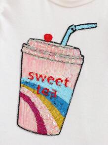 SHEIN 年轻女孩婚礼季闪亮饮料字母刺绣网眼撞色盖袖T恤 - 白色 - 查看 6