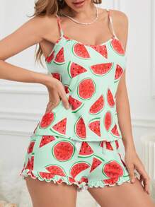 Women's Watermelon Print Camisole Tank Top And Shorts Pajama Set - Multicolor - View 5