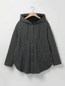 EMERY ROSE Plus Button Up Hooded Coat - Dark Grey - View 1