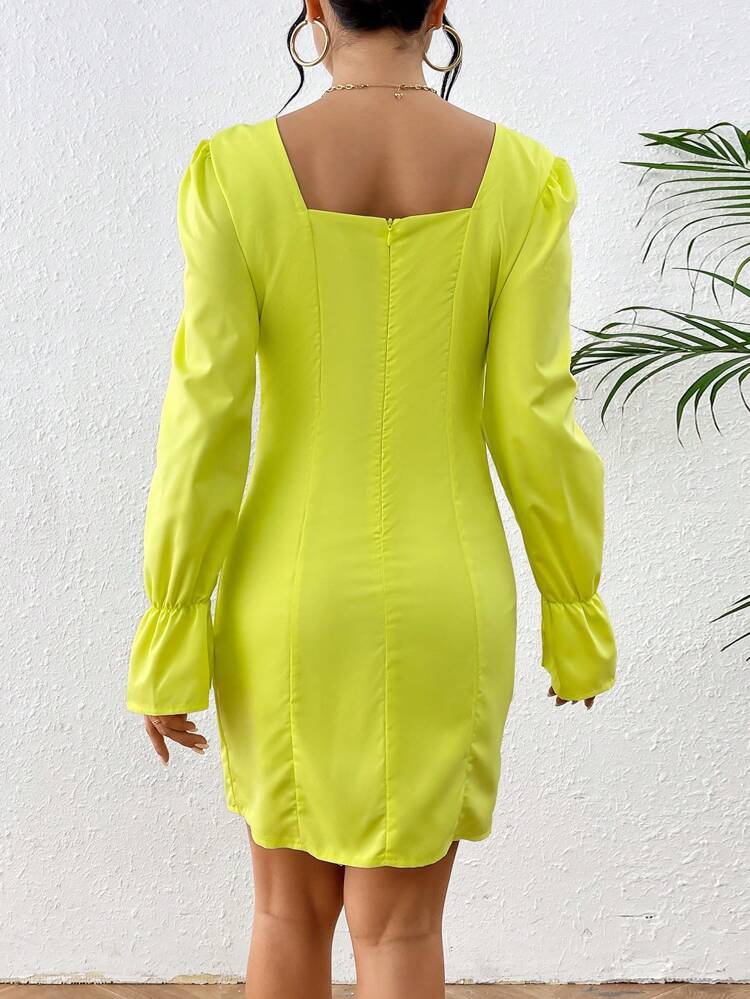 Ladies' Solid-Colored Square Neck Bodycon Dress With Flared Sleeves And Hem Fall Cloth For Women