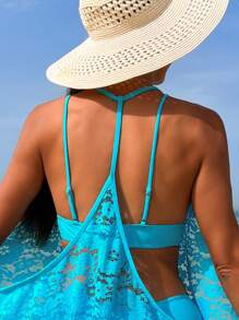 SHEIN Swim 3 Stücke/Set Damen Bikini Set mit Unifarben für den Sommer - Blau - Übersicht 5
