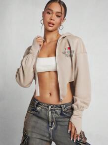 SHEIN Unity sweat-shirt à capuche asymétrique à manches longues à épaules tombantes avec slogan brodé pour femmes - Kaki - Voir 8