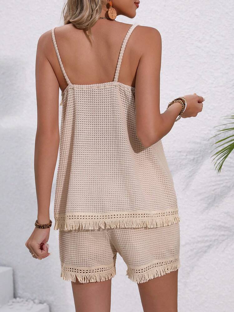 Women's Splice Fringe Halter Tank Top And Shorts Set