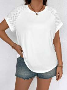 SHEIN LUNE Plus Size Contrast Mesh Design Round Neck Batwing Sleeve Summer T-Shirt - White - View 1