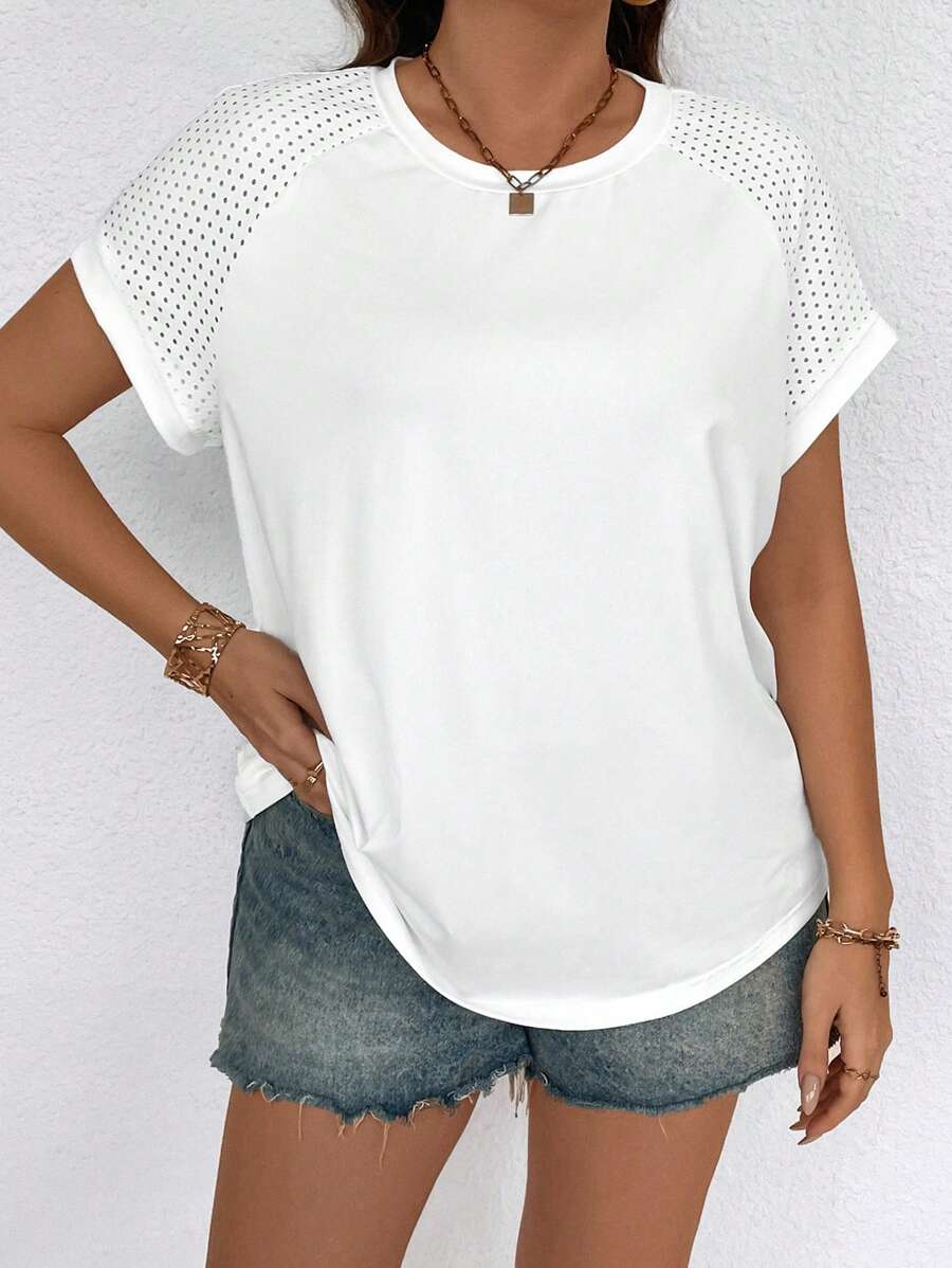 SHEIN LUNE Plus Size Contrast Mesh Design Round Neck Batwing Sleeve Summer T-Shirt - White - View 1