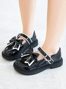 Children's Flat Shoes, Girls' Dance Shoes, Bowknot, Hook And Loop, Campus Shoes, Leather Shoes, Princess British Style Flats For Big Child - Black - View 3