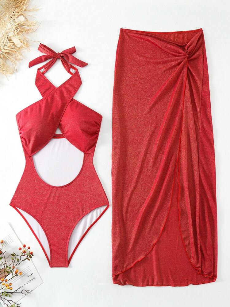 Ladies' Hollow Out Cross Front Halter One Piece Swimsuit Summer