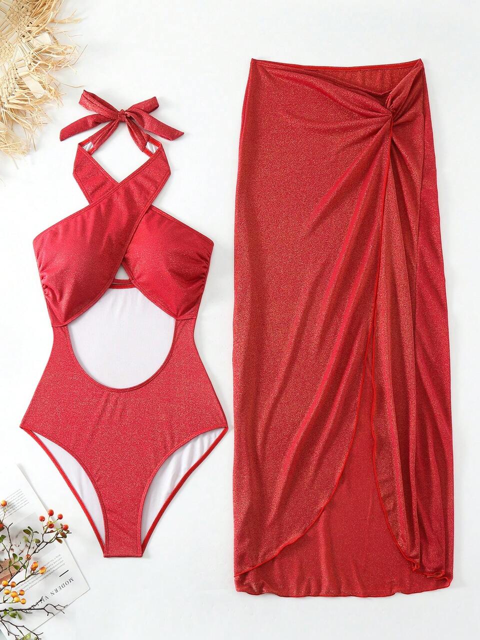 Ladies' Hollow Out Cross Front Halter One Piece Swimsuit Summer