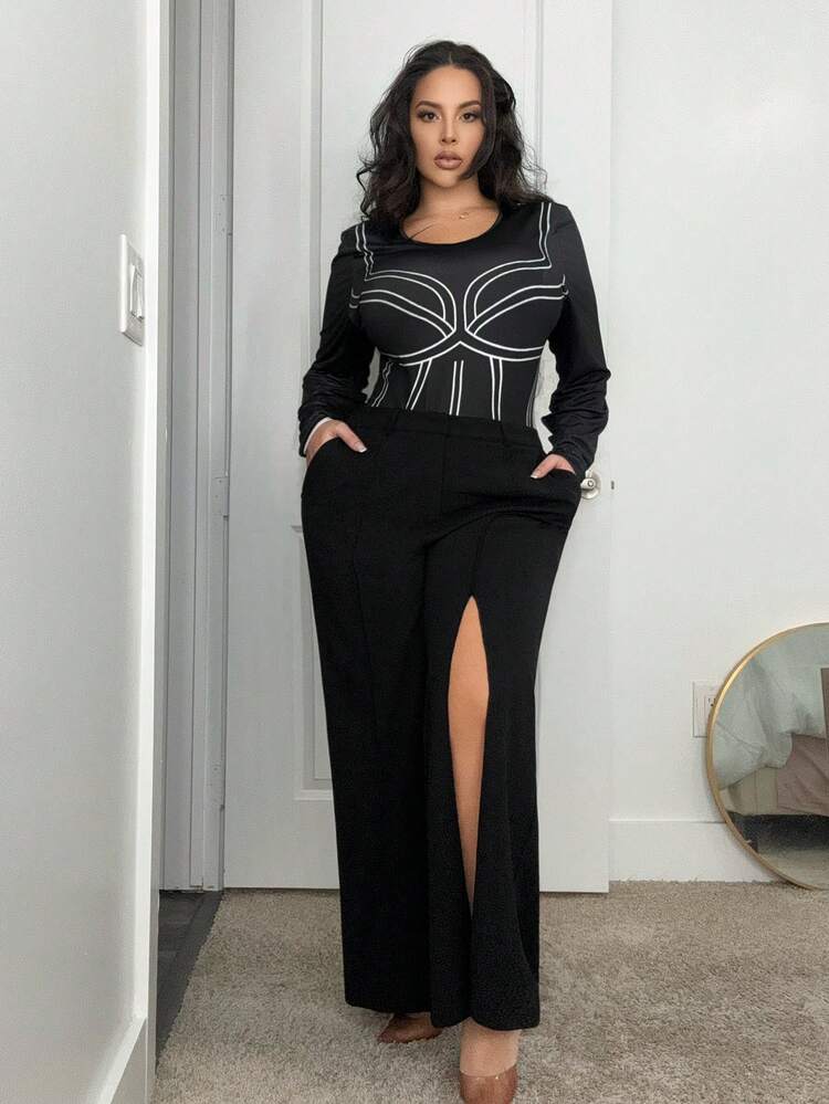 BLACK SPLIT WIDE-LEG TAILORED TROUSERS