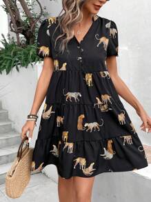 SHEIN Clasi Women's Leopard Print Puff Sleeve Dress - Black - View 1