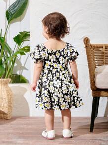 SHEIN Baby Girl Summer Holiday Casual Floral Print Ruffle Trim Bubble Sleeve Dress - Green - View 2
